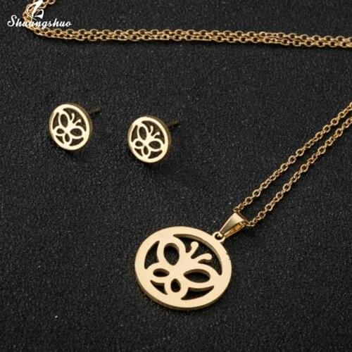 Shuangshuo Bohemian Style Hollow Round Butterfly Pendant Necklace Earrings for Women Lovely Animal Stainless Steel Jewelry Sets