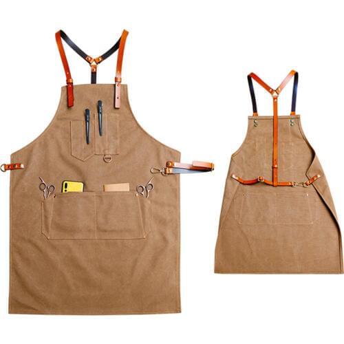 Blue Denim Gray Canvas Bib Apron Y Leather Strap Barber Barista Florist Cafe Chef Uniform Tattoo Shop Carpenter Work wear K42