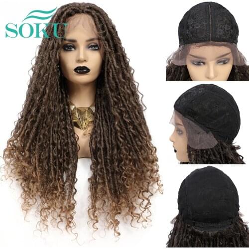Synthetic Faux Locs Braided Wig Ombre Brown Mixed Bohemian Curly Hair Dreadlocs For Black Women SOKU Lace Front Crochet Braids