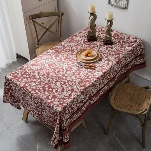 Natural Linen Burgundy Floral Printed Tablecloth Rectangular Rural Home Decoration Table Cover For Christmas Banquet Mantel Mesa