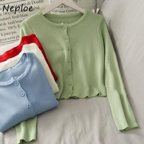 Neploe All-match Solid Color Knitted Shirt Female Single-breasted Short Long-sleeve Cardigan Women Simple O-neck Sweater Jackets