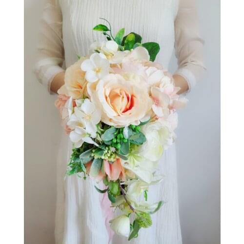 SESTHFAR Waterfall Wedding Bouquet Vintage Pink White Bridal Bouquet Roses Artificial Water Drop Bride Flowers Bouquets