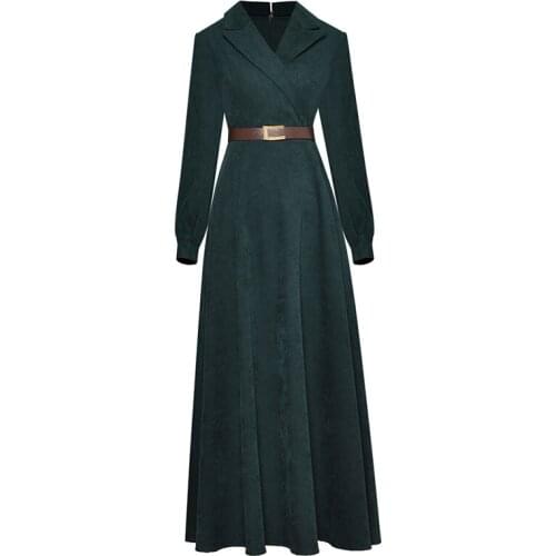 QUALITY Newest HIGH Fashion 2021 Fall Runway Dress Womens Notched Collar Corduroy Belted Dress