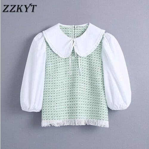 2021 Women Summer Fashion Tassel Patchwork Blouses Vintage Peter pan Collar Puff Sleeve Bow Tie Kawai Female Shirts Casual Tops