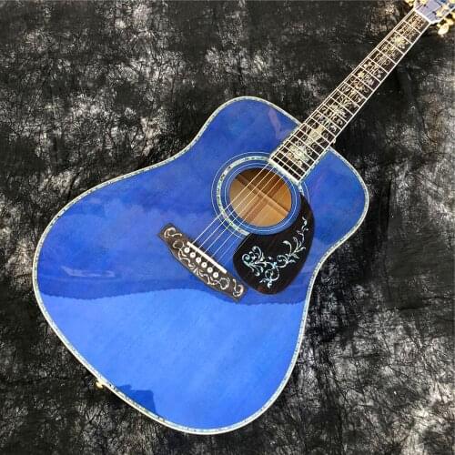 Blue solid spruce 41 inch D style acoustic guitar,Abalone Ebony fingerboard,Water ripple Maple acoustic electric guitars