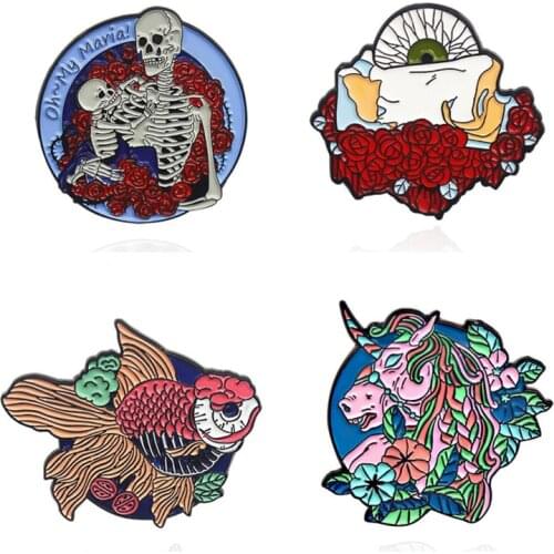 Skeleton And Roses Enamel Badges Lapel Pins Cartoons Goldfish Unicorn Anime Brooches For Women Hijab Pin Metal Decorative Badges