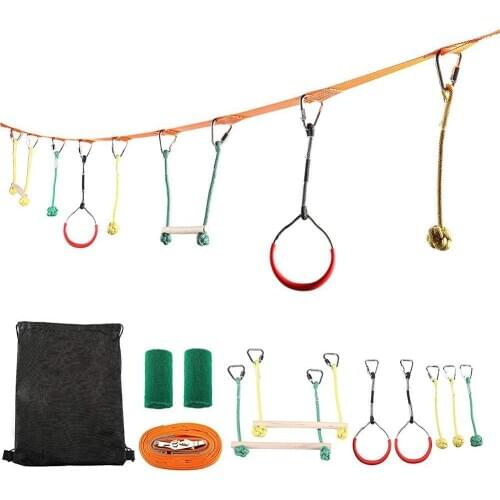Childrens Obstacles Sling Ring Monkey Pole Set Outdoor Physical Training Combination Portable 40 Foot Slackline Bar Kit