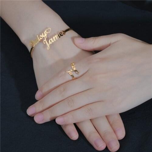 Personalized Customized Rings Bangle Adjustable Bracelet Ring Sets Custom Double Names Rings Bengle Hollow Heart Jewelry Gifts