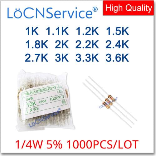 LoCNService 1000PCS/LOT 5% 1/4W 1K 1.1K 1.2K 1.5K 1.8K 2K 2.2K 2.4K 2.7K 3K 3.3K 3.6K 3.9K carbon film DIP OHM