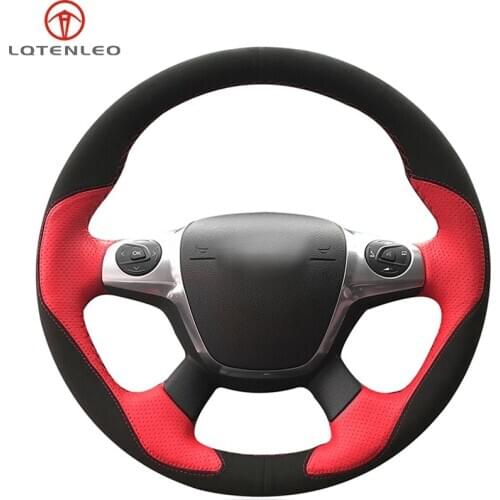 LQTENLEO Black Suede Red Leather Car Steering Wheel Cover For Ford Focus 3 2011-2014 Escape 2013-2016 C-MAX 2011-2018 Transit
