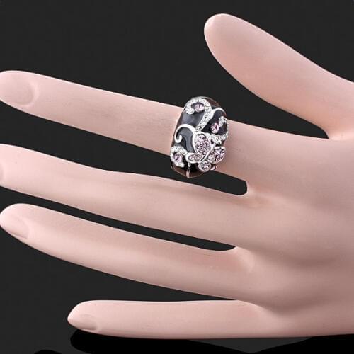 Fashion Jewelry White Gold Color Butterfly Alloy Rings With Black Pink Enamel And Real Austria Crystal For Women