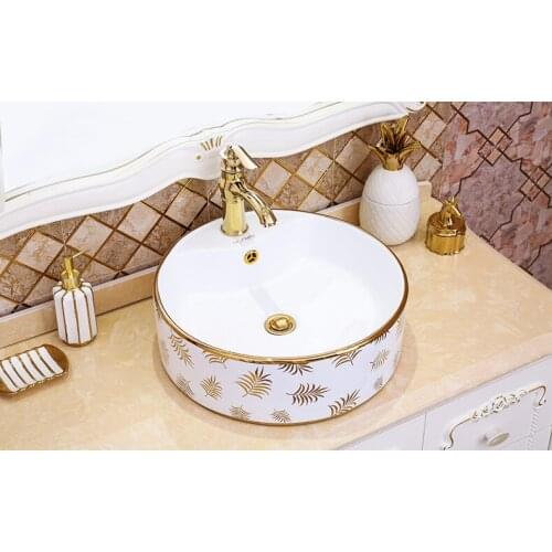 Nordic bathroom bathroom new electroplating golden flower ceramic art basin round above counter basin 460*460*150mmsize