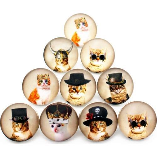New Arrived Mixs 10pcs/lot Hat Cat Animal Glass Snap Button Chams Fit 18mm/20mm Ginger Snap Bracelet Necklace DIY Jewelry