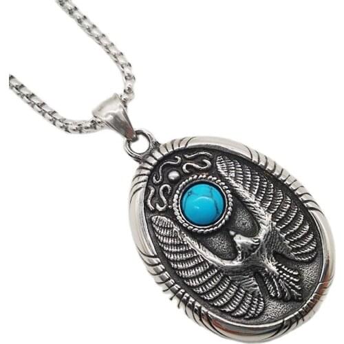 New Vintage Silver316L Stainless Steel Eagle Badge Pendant Necklace With Blue Mable Stone Mens Fashion Necklace Jewelry Gift