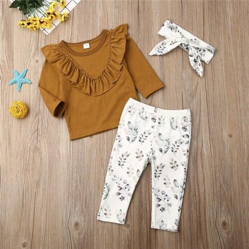 2Pcs Toddler Baby Girl Autumn Winter Clothes Set Long Sleeve Ruffle Tops Floral Trousers Headwear Outfits Clothes Set