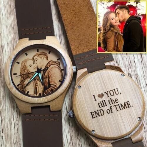 Father‘s Day Gifts Custom Engraved Wooden Photo Watch Brown Cow Leather Strap,Custom Photo Watch.Mens Personalized Watch
