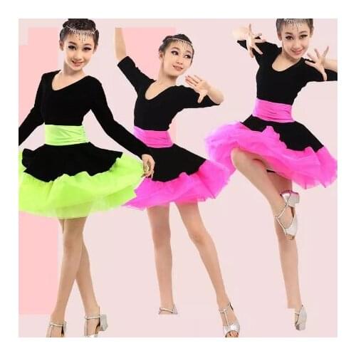 Professional Girl Long Sleeves Latin Dance Dress Children Ballroom Dancing Dress Kids Salsa Rumba Cha Cha Tango Stage Dress Wear