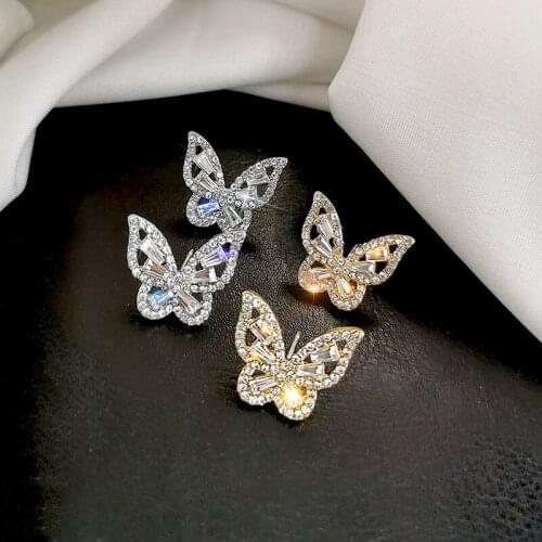 Luxury Female White Zircon Stone Earrings Charm Silver Gold Color Wedding Jewelry Cute Crystal Butterfly Stud Earrings For Women