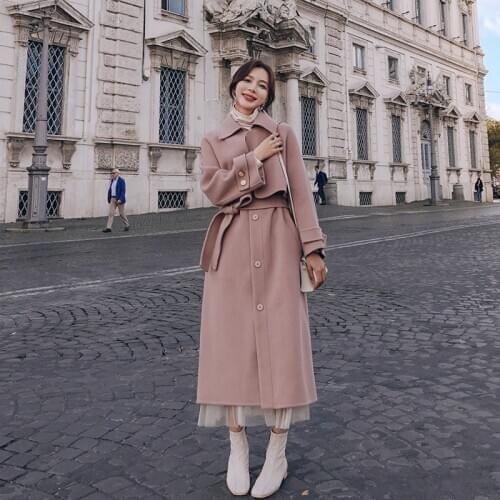 Wool Coat Womens Windbreaker Pink Long Sleeve Chic Overcoat Female 2021 Autumn Winter New Long Jacket With Belt Outwear Clothes