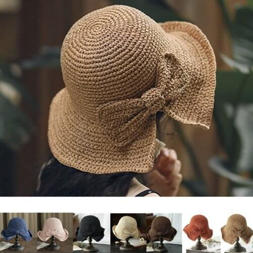 Parent-child Raffia Bow Sun Hat Wide Brim Floppy Summer Hats for Women Beach Panama Straw Dome Bucket Hat Femme Shade Visor Hat