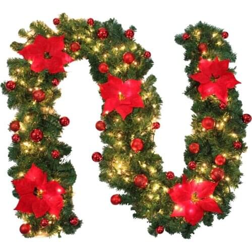 9 Ft Pre-Lit Garland Christmas Illuminated LED Light Flower Ball Decoration Pine Cone Xmas Wreath Stairs Fireplace (Red)