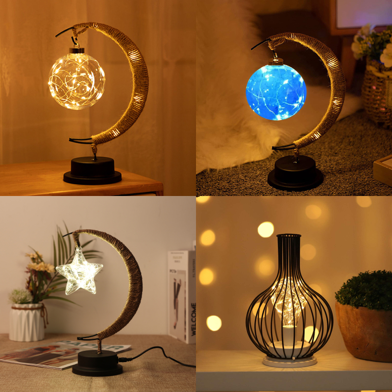 LED Moon Sepak Takraw Lamp Line Rattan Handmade Hemp Rope Wrought Iron Night Light Home Decoration Sleeping Lantern Light
