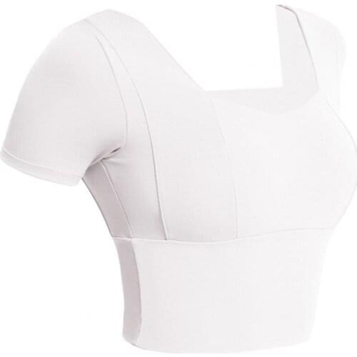 Yoga Tops Women Short Sleeve Solid Color Breathable Nylon Bulid in Bra Workout Sport Shirts Shockproof Gym Fitness Training Top