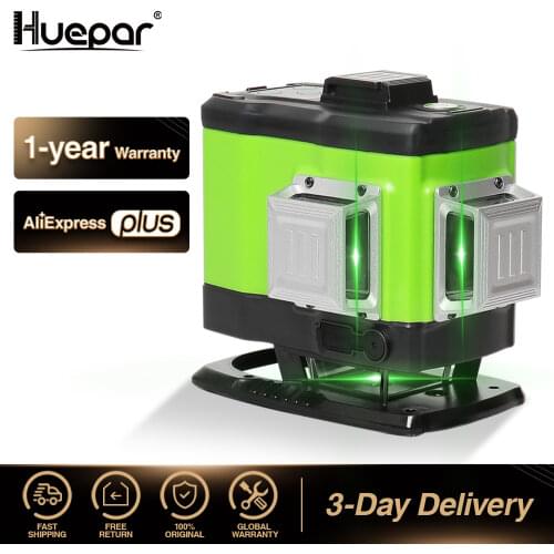 Huepar 3D Self-leveling Laser Level 3x360 Green Beam Cross Line 360° Vertical Horizontal Line Remote Control & Hard Carry Case