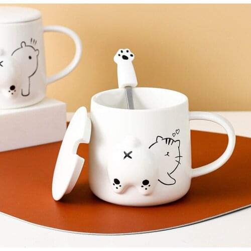Funny Cat Mug Japanese Mini Fresh Couple Ceramic Cup with Cover and Spoon White Simple Style Lovely Animal Water Bottle