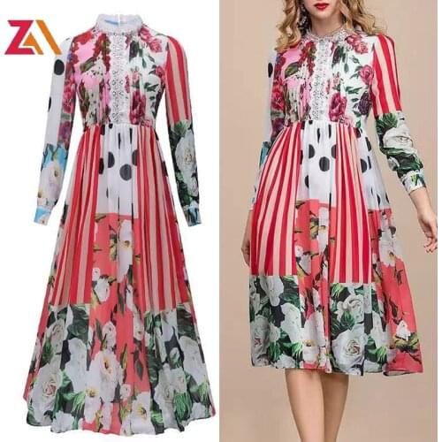 ZALady Fashion Runway Summer Midi Dress Womens Long Sleeve Lace Elegant Dot Rose Flower Print Vintage Party Dresses femme robes