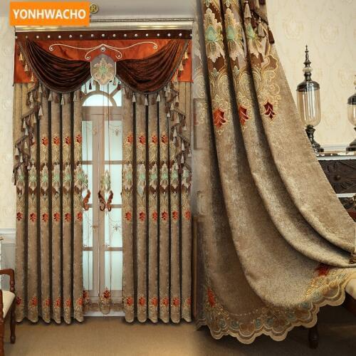 Custom curtains High-quality European chenille hollow embroidery curtains coffee cloth blackout curtain tulle valance drape N764