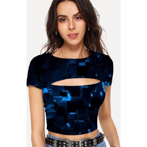Somepet Dark Blue T-shirt Women Geometry Navel Bare Psychedelic Shirt Print Abstract Tshirt Printed Short Sleeve Sexy Printed