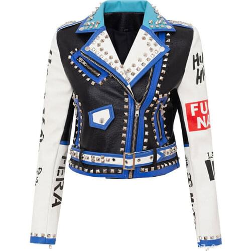 Spring and Autumn Women Punk Rock Leather Jacket with Belt Rivet Funny Printing White Graffiti Motor Biker Clothing