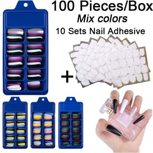 100 Pieces/Box Mixed Color Ballerina False Nail Tips With 10 Sets Of Nail Adhesive Full Cover Fake Nail DIY
