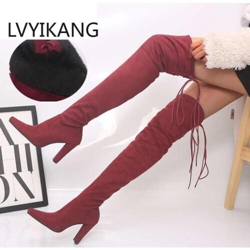 2019 Fashion Runway Stretch Fabric Sock Boots Pointy Toe Over-the-Knee Heel Thigh High Pointed Woman Boot Botas Mujer Thigh #3