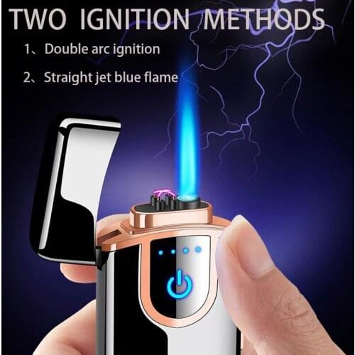 2021 Luxury Dual Arc Gas-electric Lighter Windproof USB Cigarette Lighter Metal Lighter Turbine with LED Power Display for Men