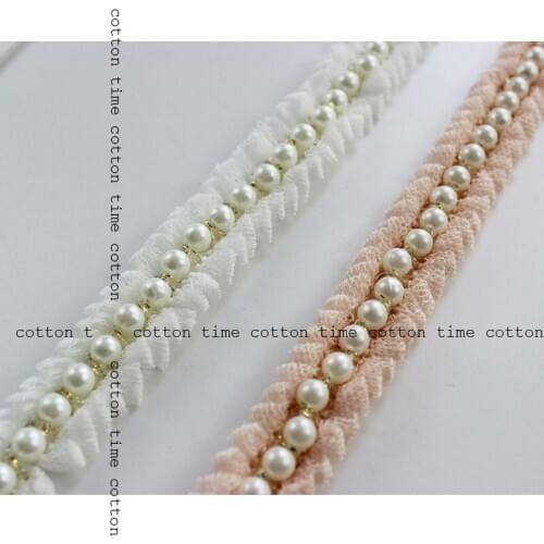 3 yards 3cm Pearl Beaded Trim Mesh Ribbon Pink Webbing Golden Ribbon with Pearl garment Sewing Accessory