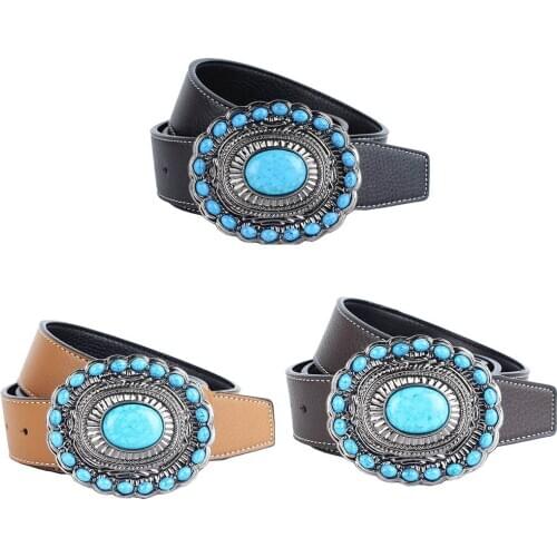 Bohemian Western Cowboy PU Leather Strap Belt Gemstone Buckle Belt