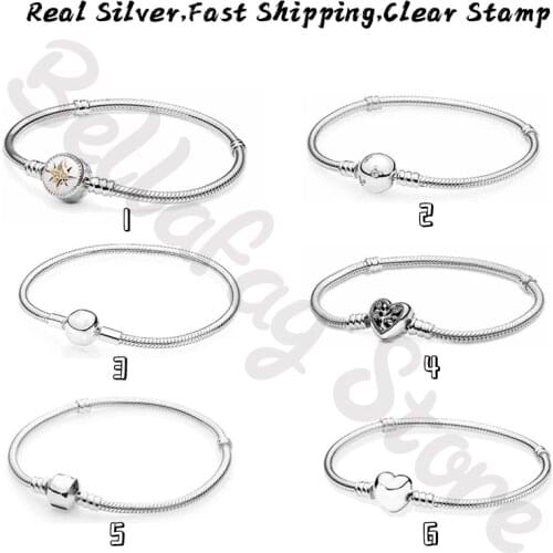 100% 925 Sterling Real Silver Family Tree Heart Clasp Snake Chain Bracelets Moments Fits Original Charms Beads For DIY Jewelry