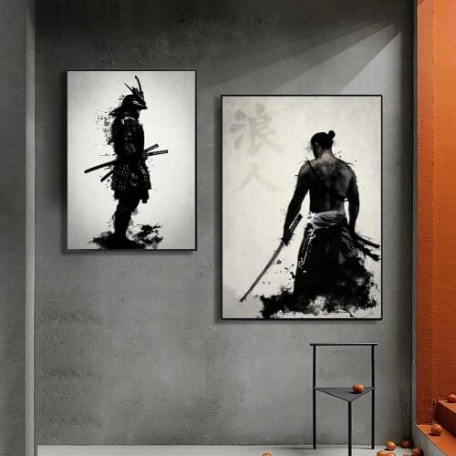 Ink Painting Japanese Armored Samurai Black and White Poster and Wall Art Home Decoration Anime Pictures Anime Poster