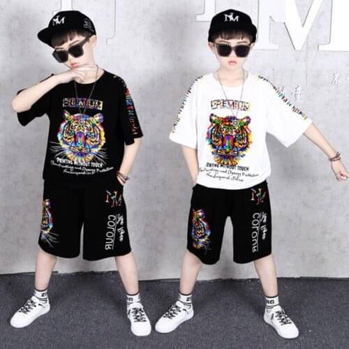 Kids Clothes Boys Cartoon Tiger Print Outfits Baby Girls Summer Tees Suits 4-14 Years Children Clothing T-shirt + Shorts 4-14T