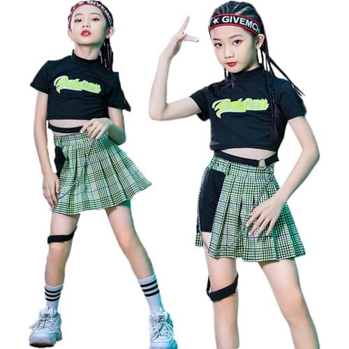 Lolanta Child Girls Black Cropped Top Or Green Plaid Skirt Dance Costume Kids Jazz Hip-hop Performance Costume Cheerleader Wear