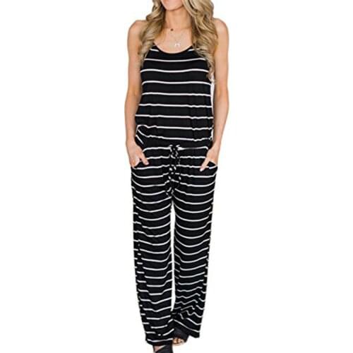 Summer Women Black Striped Jumpsuits Sexy Spaghetti Strap Long Playsuits Casual Beach Wide Leg Pants Long Overalls Female GV407