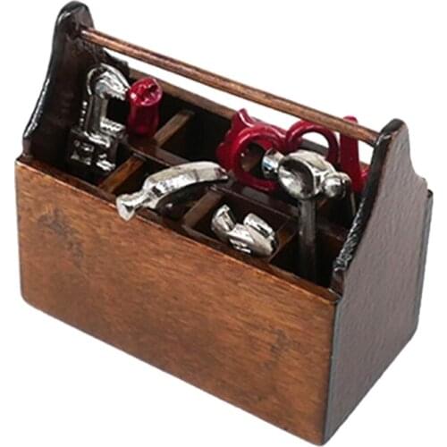 Miniature Wooden Box With Metal Tool Set Collection For 1/12 Dollhouse Decoration