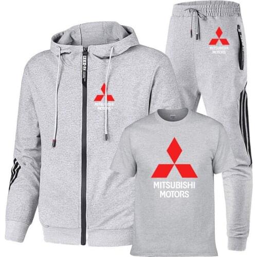 Mens suits Mitsubishi Car Logo Printed Hoodie Spring Autumn high quality stripe cotton Mens sweatshirt+T-shirt+pants 3-piece