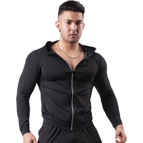 Men Sports Hooded Coat Running Outdoor Black Zipper Fitness Clothing Plus Size 082