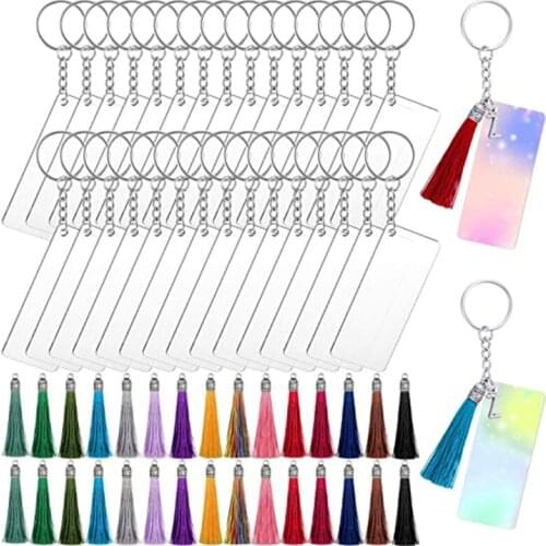 Acrylic Keychain Blank Acrylic Transparent Ornament Pendants and Rectangle Keychain Tassels Jump Rings Set for DIY Craft