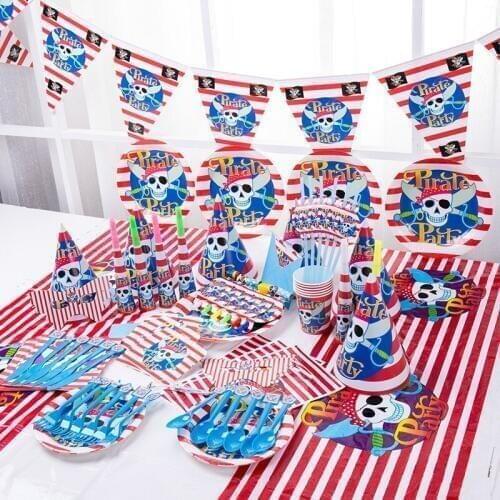 Cartoon Pirate Disposable Tableware Sets Childrens Birthday Party Decorations Straw Cup Flags Banners Hats Tableware Supplies