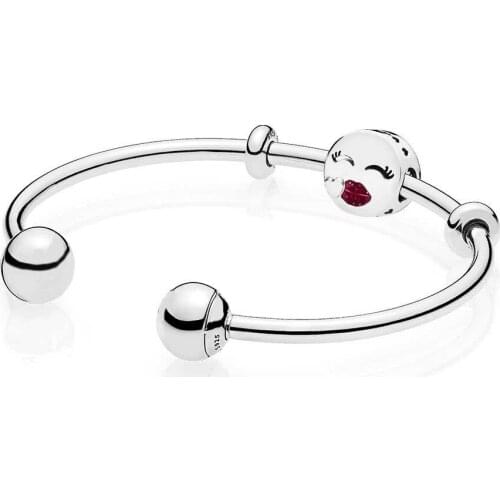 NEW 925 Sterling silver Cute Kiss Open Bangle Gift Set Clear CZ fit DIY Original charm Bracelets jewelry A set of prices