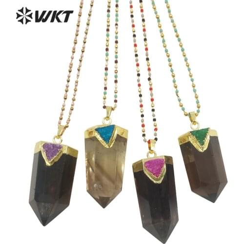 WT-N1291Wholesale fashion gold plated hexagona quartz point stone necklace lady populared natural gemstone smoky stone necklace